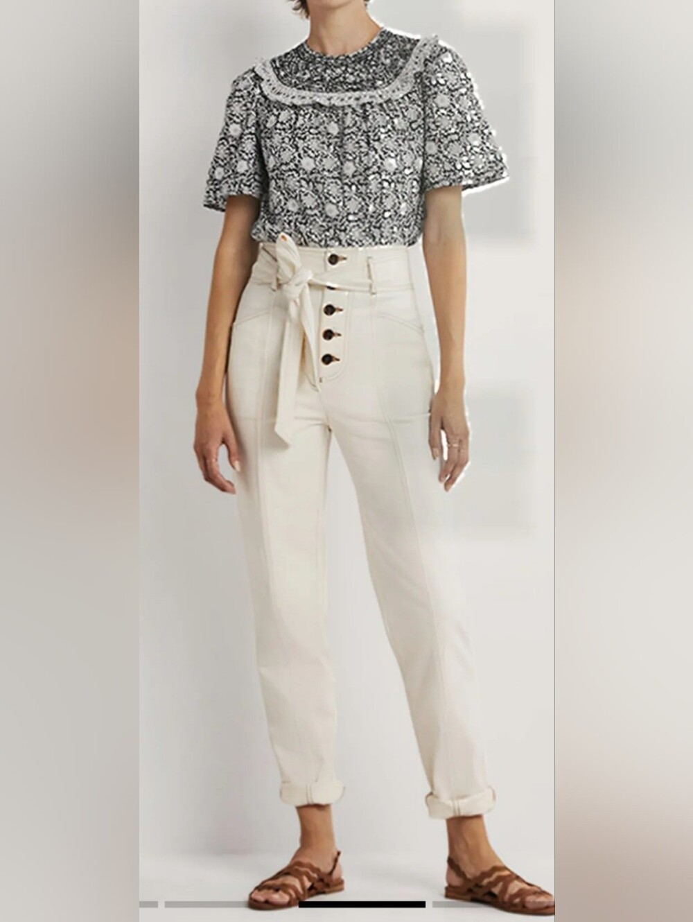 Boden Cream Tapered Denim Pants High Waist  with Contrast Topstitching Size 10